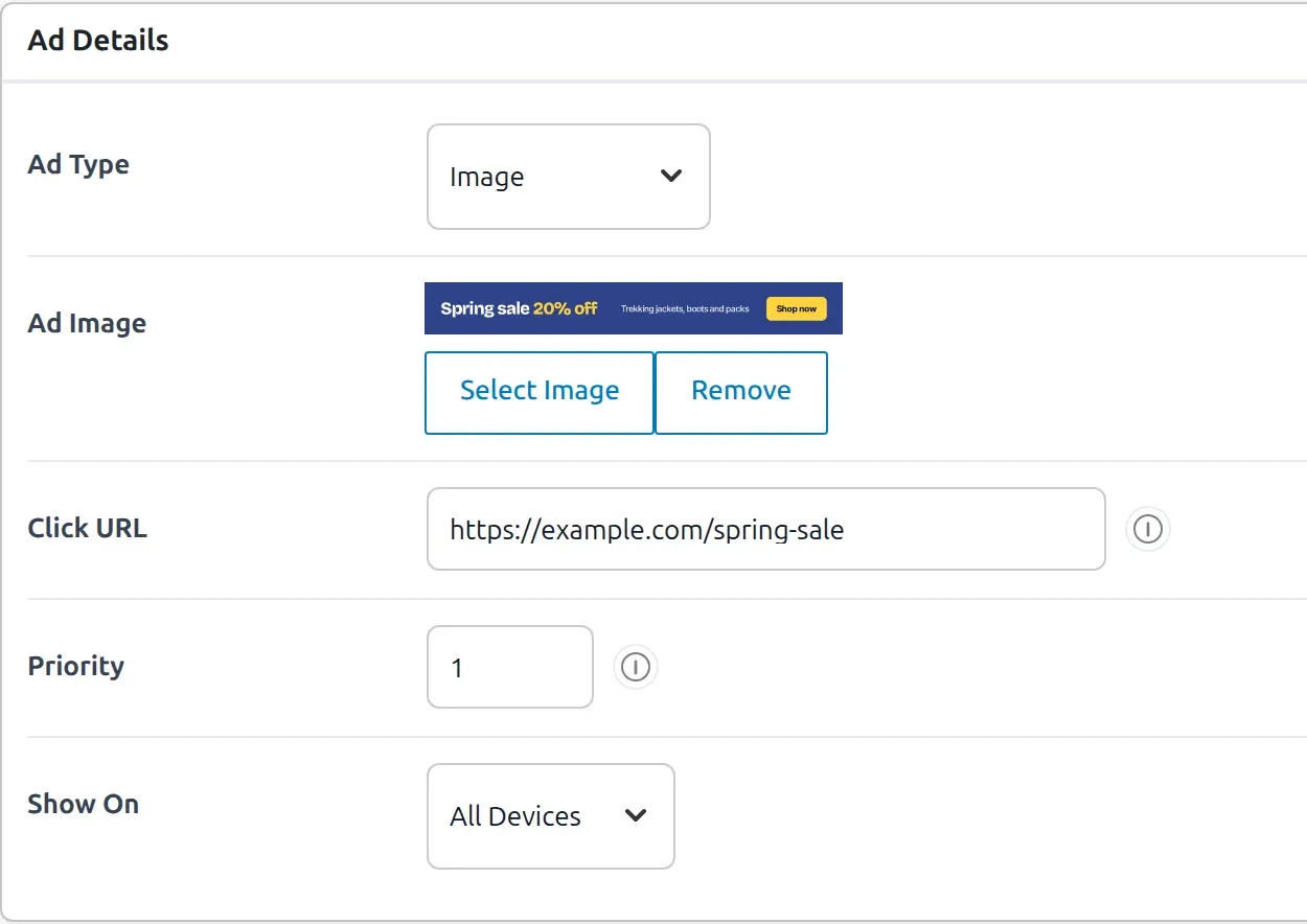 The Ad Details panel: ad type, image, click URL, priority and the device setting