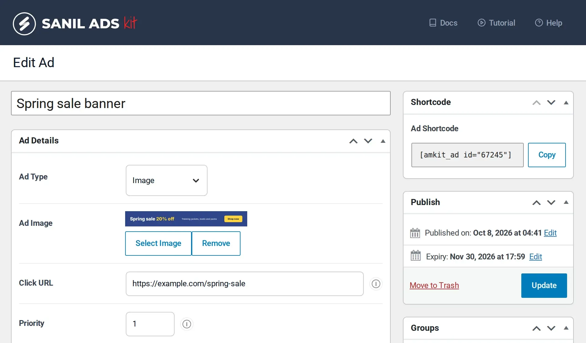 The Edit Ad screen of Sanil Ads Kit in WordPress: ad image, click URL, device setting, expiry date and shortcode