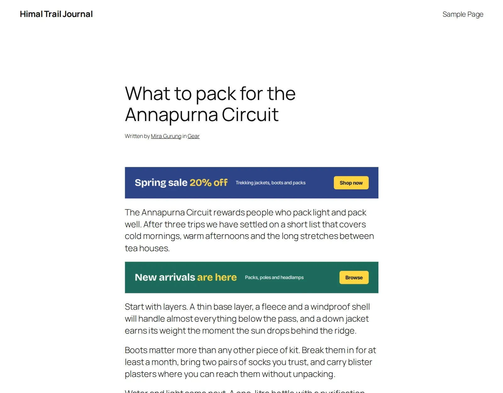 A blog post with a banner ad above the content and a rotating ad after the first paragraph, both placed by Sanil Ads Kit
