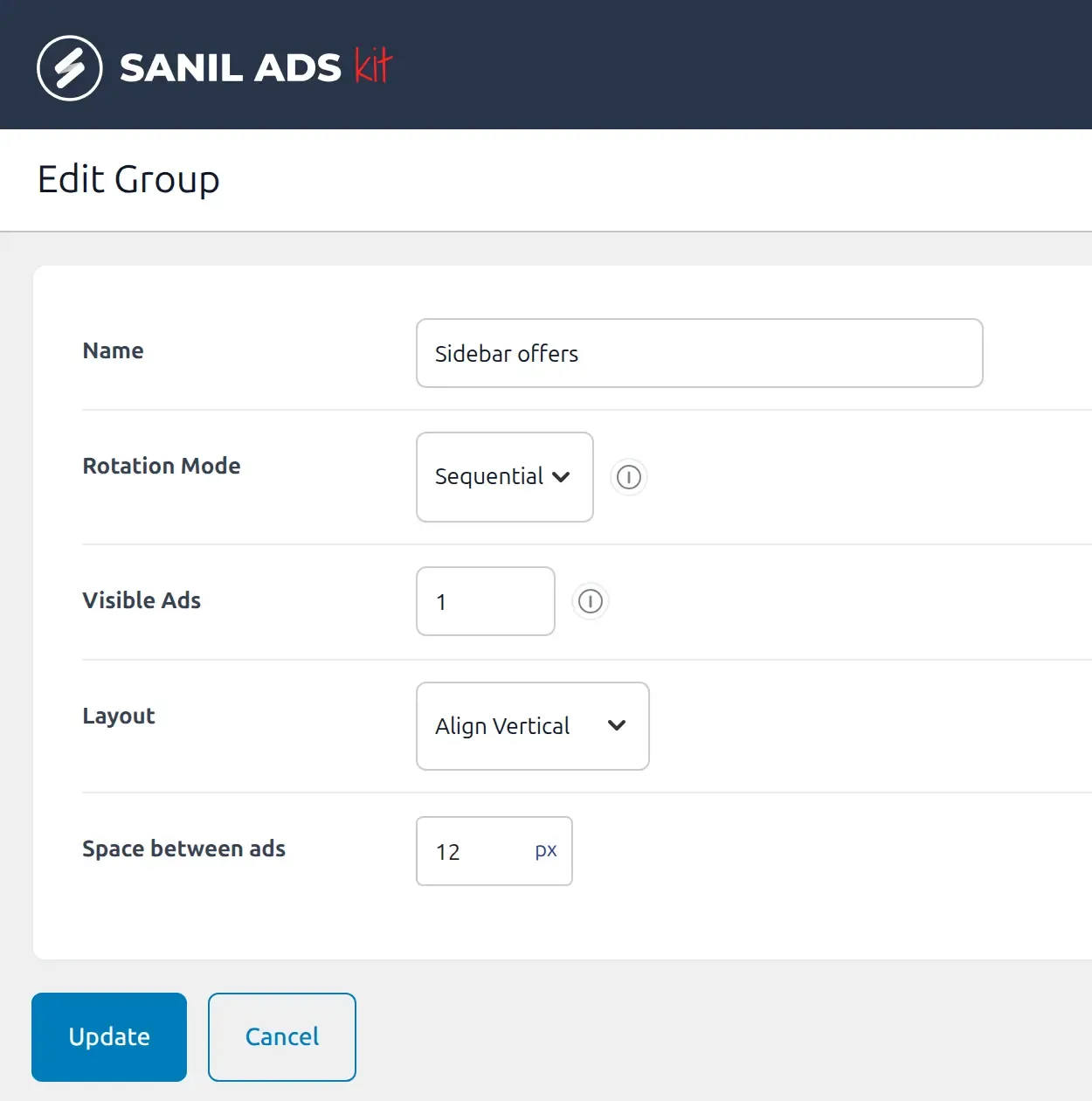 The group settings screen: rotation mode, number of visible ads, layout and spacing between ads