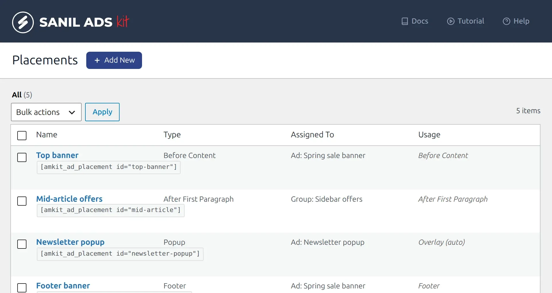 The Sanil Ads Kit Placements screen listing a top banner, mid-article offers, a newsletter popup, a footer banner and a sidebar placement