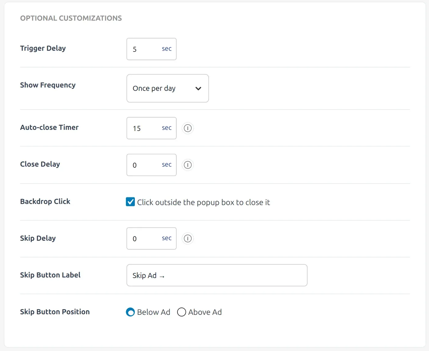 Popup placement settings: trigger delay, show frequency, auto-close timer, backdrop click and skip button options