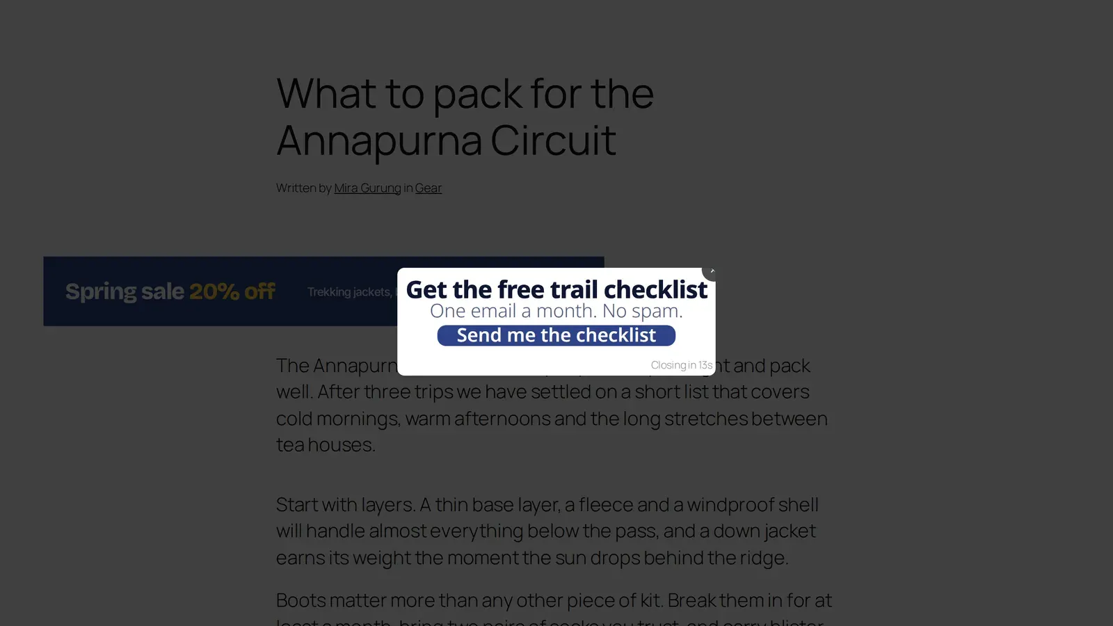 A newsletter popup shown over a blog post