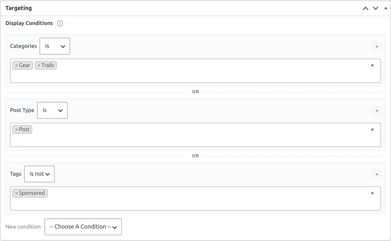 The Targeting panel with display conditions for categories, post type and tags