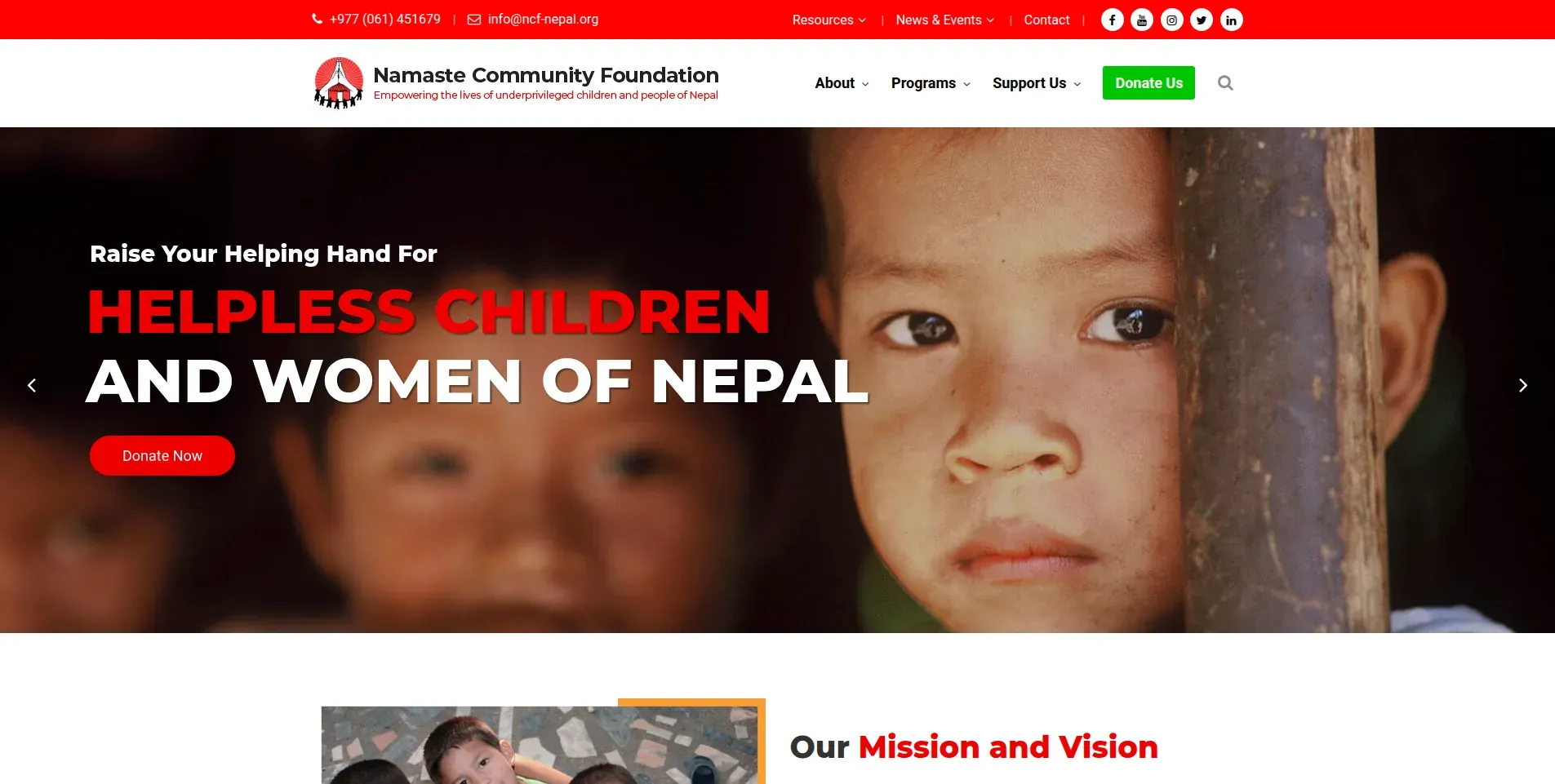 Namaste Community Foundation website homepage